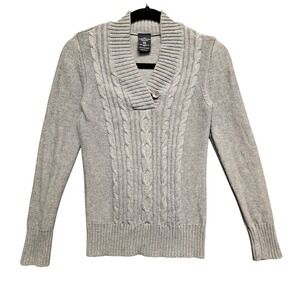 Y2K Sweater Cable Knit Shawl Neck S 4-6 Grey Heather Cotton Pullover